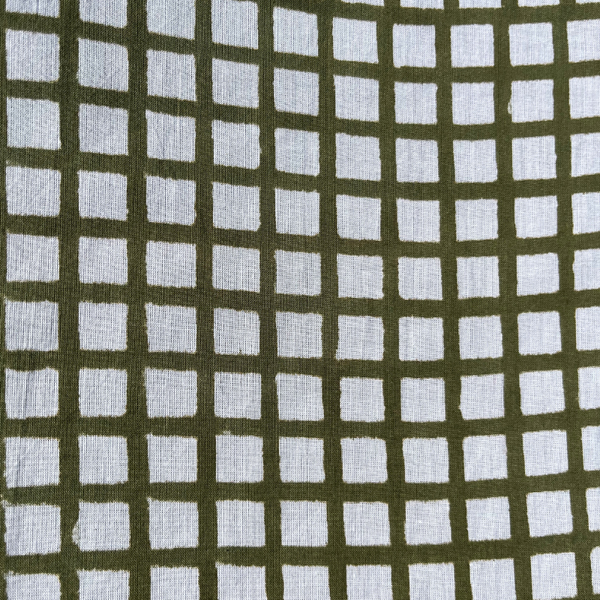Greta Army Grid Cotton Block Print . $22.00/metre