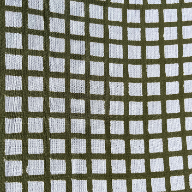 Greta Army Grid Cotton Block Print . $22.00/metre